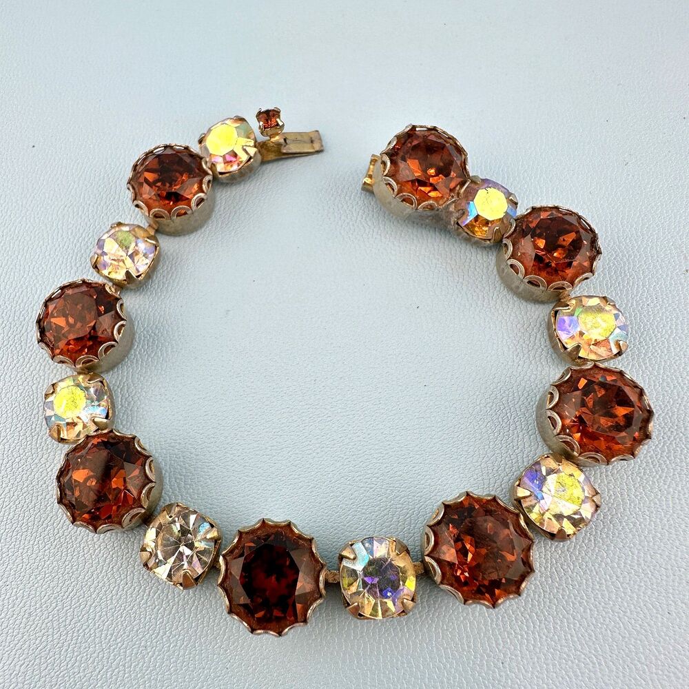 Vintage Rhinestone Bracelet Large Prong Set Topaz Color AB Stones 7" Cup Chain